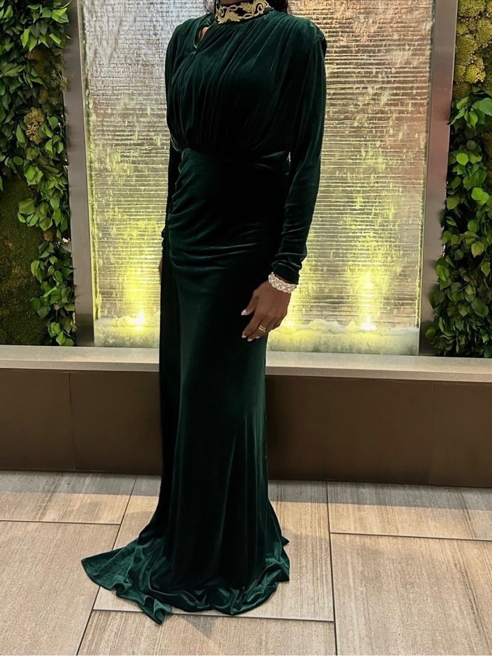 Elegant green Velvet Evening Gown long sleeve with Gold neck detail